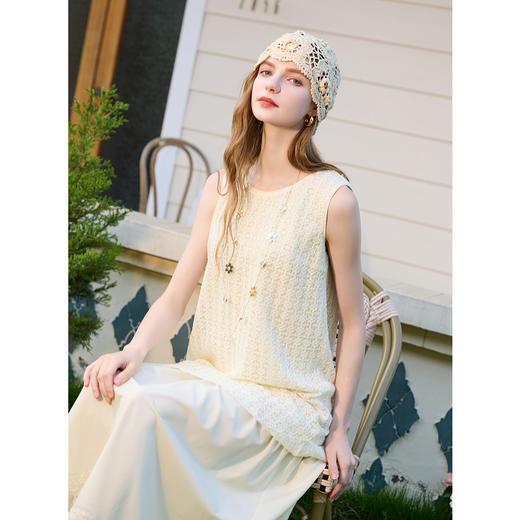 三彩2025夏季新款假两件连衣裙无袖花边拼接A字长裙设计感M 商品图1