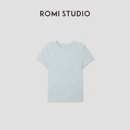 ROMI STUDIO“简约清新”浅蓝弹力罗纹修身圆领短袖T恤 RWCRSJ1973 商品图0