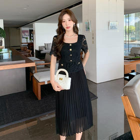 【清仓超15天不保价】奢姿大码女装2025夏季蕾丝拼接百褶气质连衣裙胖妹妹时尚方领裙子9952853128【1】