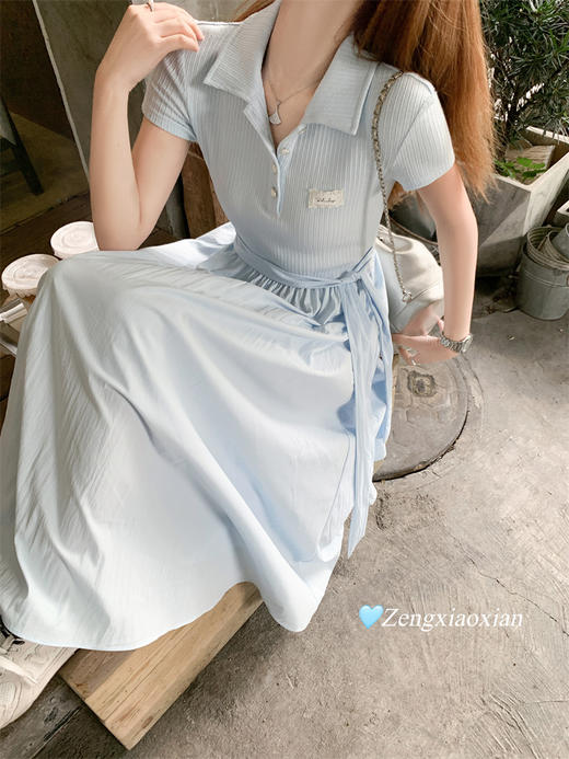 <曾小咸推荐>polo领短袖连衣裙女夏季巨好看显瘦a字收腰连身长裙子 商品图2