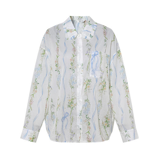 两三事 琉璃清梦 2025夏季新款复古荷叶边翻领印花长袖衬衫女 商品图4