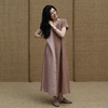绽放旅行女装329朵/【甜茶系列】色织亚麻双色拼连肩短袖连衣裙子 商品缩略图0