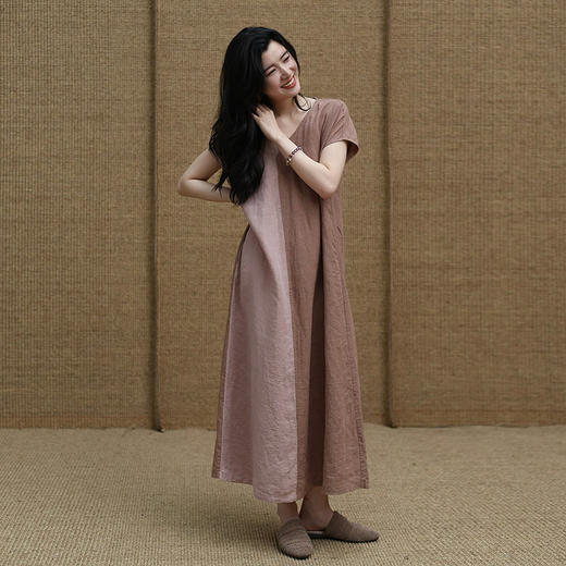 绽放旅行女装329朵/【甜茶系列】色织亚麻双色拼连肩短袖连衣裙子 商品图0