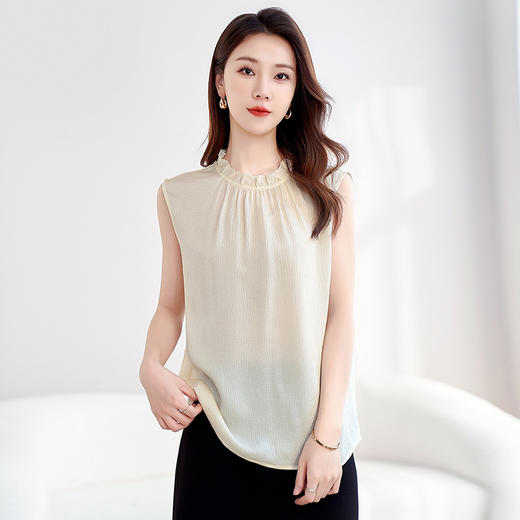 【真丝小衫】100%桑蚕丝打底衫，百搭泡泡皱木耳领无袖上衣SM-12599798 商品图0