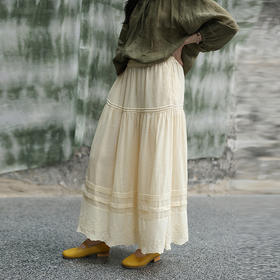 绽放旅行女装306朵/【甜茶系列·茉莉白茶】砂洗苎麻花边半身长裙