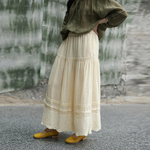 绽放旅行女装306朵/【甜茶系列·茉莉白茶】砂洗苎麻花边半身长裙 商品图0