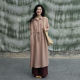 绽放女装327朵/【甜茶系列】砂洗亚麻翻领腰部系绳显瘦大摆连衣裙
