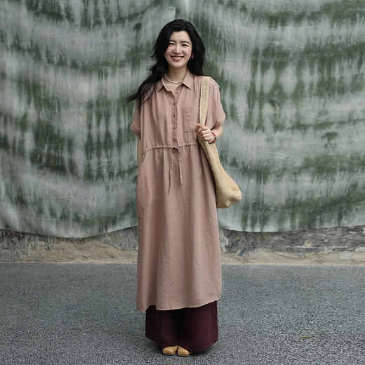 绽放女装327朵/【甜茶系列】砂洗亚麻翻领腰部系绳显瘦大摆连衣裙 商品图0