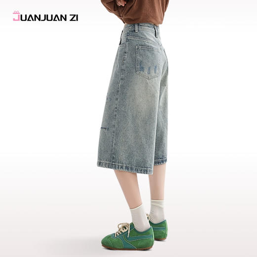 JUANJUANZI卷卷紫街头美式破洞牛仔七分裤女夏水洗做旧牛仔 显瘦显高 宽松风格修饰腿型 慵懒随性松弛 商品图4