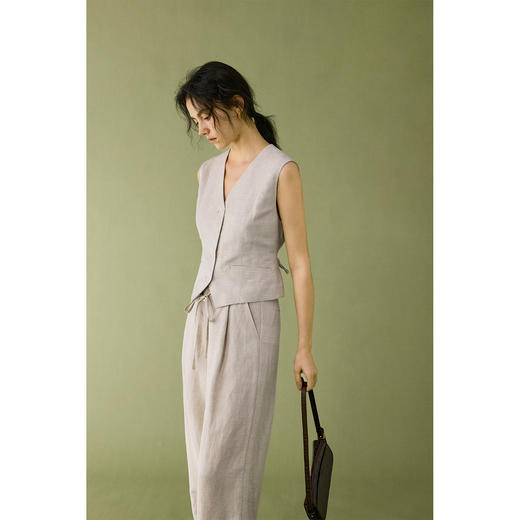 【风骨诗篇】原麻色套装女夏法式V领马甲高腰宽松休闲裤 商品图0