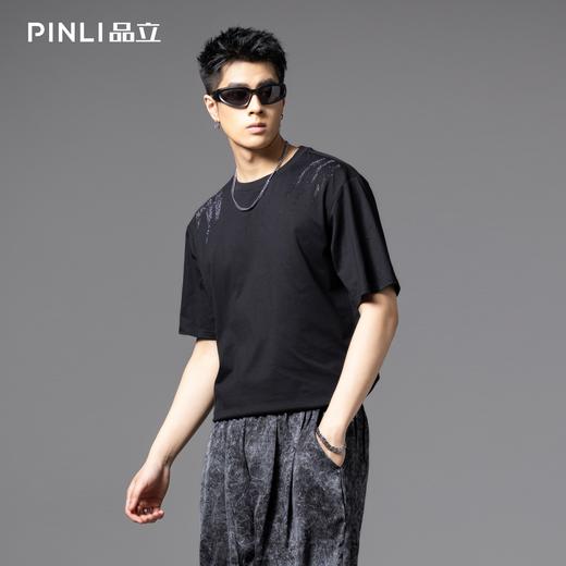 PINLI品立2025春夏新款男士圆领抓痕烫钻短袖T恤潮牌百搭半袖上衣BG252111010 商品图2