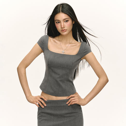 Ariseism  美式复古灰色修身短袖t恤短裙女夏套装两件套 商品图2