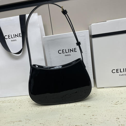CELINE赛琳 TILLY 品牌徽标Logo拉链开合 漆面牛皮革 手提单肩包 女款 黑色（HH） 商品图3