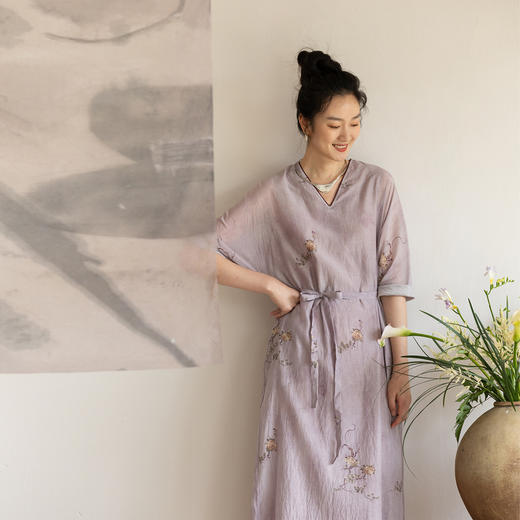 牧衣游原创 松骨牡丹印丝绵连衣裙夏轻薄宽松随性复古长裙 怀夕 商品图0