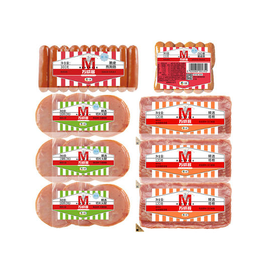 【分仓直发包邮】万威客组合1230g（精选培根120g*3+精选切片火腿(原味)150g*3+脆皮热狗肠(原味)300g*1+口口香脆皮肠(原味)120g*1） 商品图0