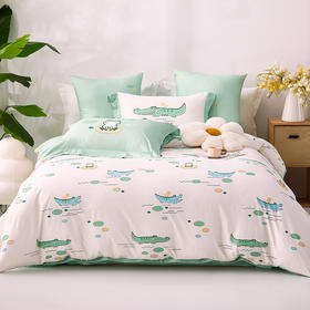 多喜爱 卡通全棉斜纹四件套 快乐池塘 柔软细腻 亲肤耐用 双面设计 宽边枕套 儿童 小青蛙和小鳄鱼 学生