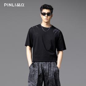 PINLI品立2025春夏新款男士圆领抓痕烫钻短袖T恤潮牌百搭半袖上衣BG252111010