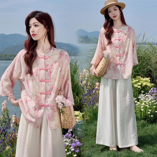 新中式国风套装，复古盘扣衬衫阔腿裤两件套HR-SYY2710 商品图1