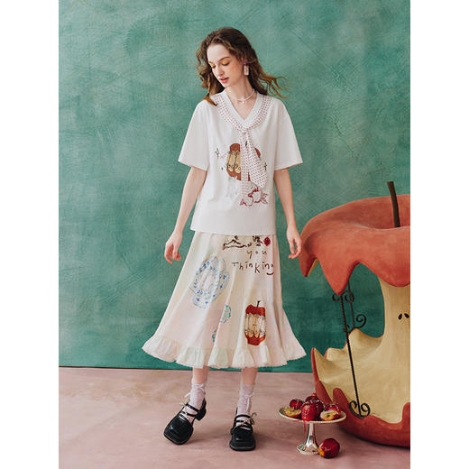 两三事守喵待兔2025夏季新款小清新印花贴布绣领带装饰短袖t恤女 商品图2