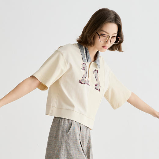 谜底POLO衫短袖女2025夏新品美式复古日常刺绣宽松短T恤252MT0658 商品图1
