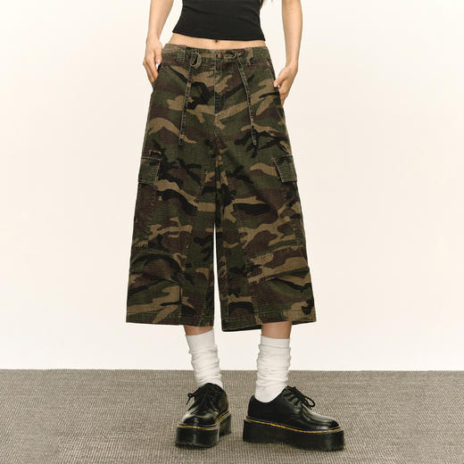 Ariseism 美式复古工装迷彩休闲阔腿七分裤女夏季新款宽松中裤子 商品图0