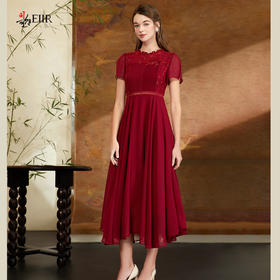 司歌喜庆短袖雪纺绣花收腰连衣裙A911195X