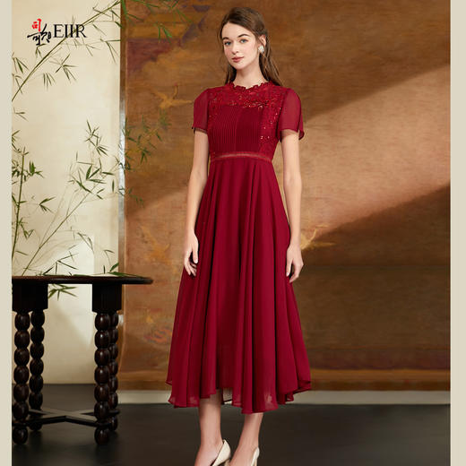 司歌喜庆短袖雪纺绣花收腰连衣裙A911195X 商品图0