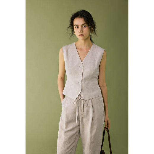 【风骨诗篇】原麻色套装女夏法式V领马甲高腰宽松休闲裤 商品图4