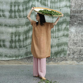 绽放旅行女装313朵/【甜茶系列·黄茶】砂洗苎麻茶染中袖连衣裙女限量