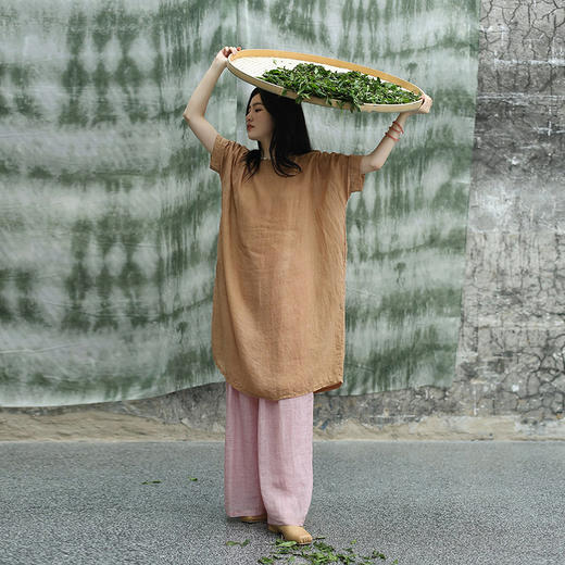 绽放旅行女装313朵/【甜茶系列·黄茶】砂洗苎麻茶染中袖连衣裙女限量 商品图0
