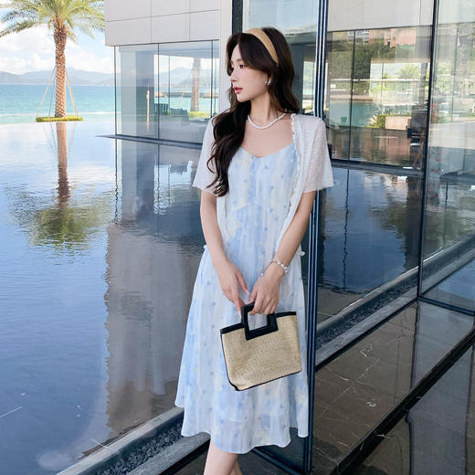 奢姿大码女装2025夏季减龄木耳边印花两件套胖妹妹时尚连衣裙套装9952990535AB 商品图0