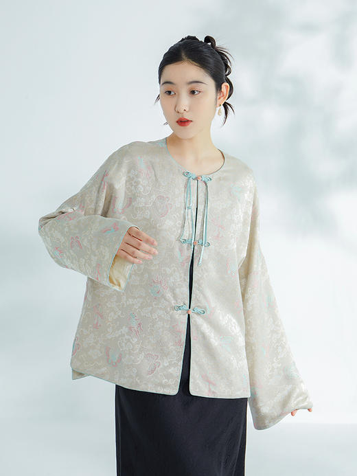 荷言GL 蝶谷池塘 仿罗人丝织金提花初秋对襟可两穿外套新中式 商品图2