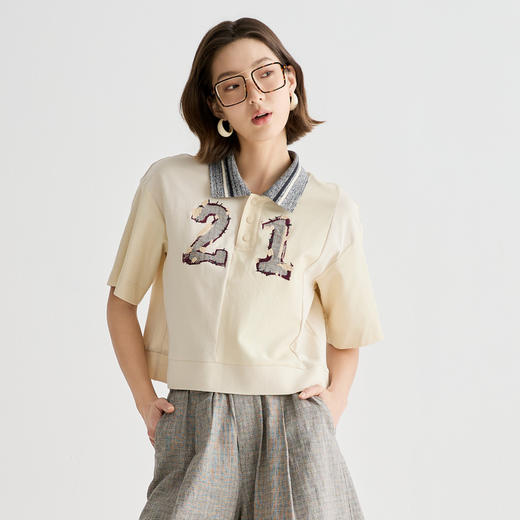 谜底POLO衫短袖女2025夏新品美式复古日常刺绣宽松短T恤252MT0658 商品图0