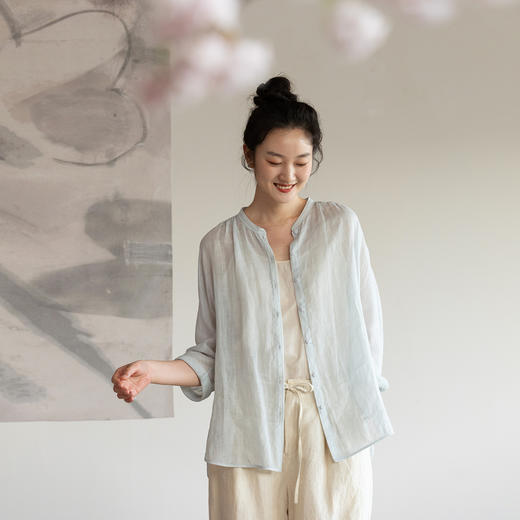 牧衣游原创 净色苎麻炒色衬衫轻薄透气简约文艺圆领防晒衫 吟野间 商品图0