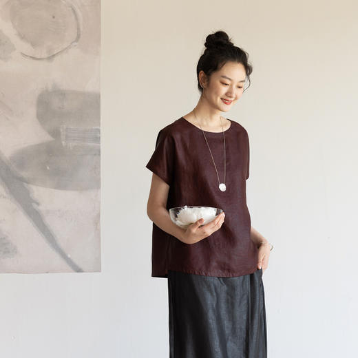 牧衣游原创 醇正薯莨红桑蚕丝套头衫轻薄圆领文艺复古上衣 泽芝 商品图0
