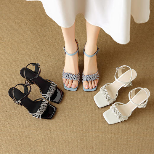 【预售5天】巨好看真皮水晶跟方头凉鞋女夏季新款水钻一字带高跟鞋DB&M6366 商品图4