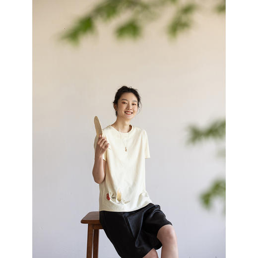 牧衣游原创 印花棉质T恤女夏轻薄舒适柔软质朴宽松百搭短袖 清饮 商品图2
