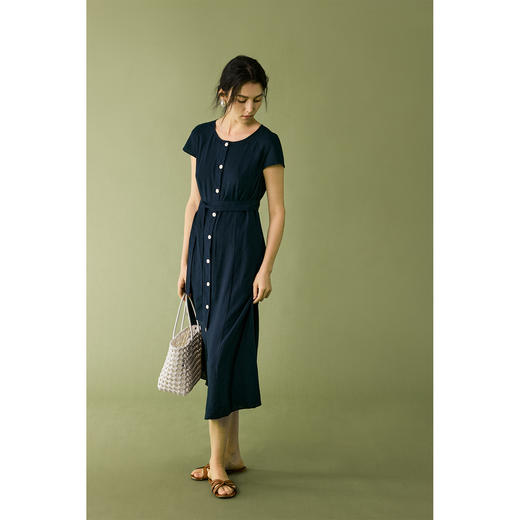 【一日之蓝】法式亚麻连衣裙女夏季宽松收腰设计气质裙子 商品图0