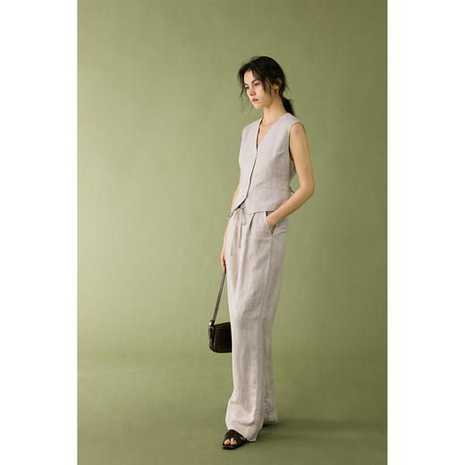 【风骨诗篇】原麻色套装女夏法式V领马甲高腰宽松休闲裤 商品图1