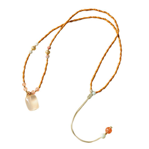 「竹枝青青·高级感小众设计」新中式橄榄核竹节白玉髓如意锁项链 国风设计款平安无事牌锁骨链女时尚饰品 商品图4