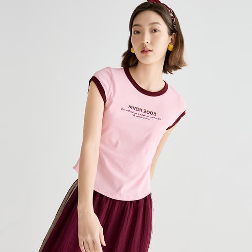谜底T恤短袖女2025夏季新品休闲日常撞色紧身X型短上衣252MT0525 商品图1