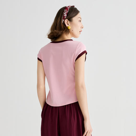 谜底T恤短袖女2025夏季新品休闲日常撞色紧身X型短上衣252MT0525 商品图2