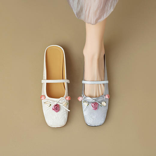 【预售5天】新中式新款春夏外穿温柔平底鞋方头玫瑰花半拖凉鞋女国风单鞋LGYZNX&383-13 商品图4