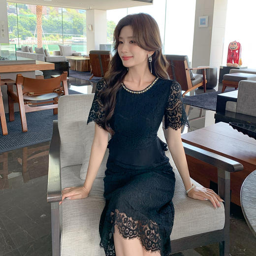 奢姿大码女装2026新款夏季胖妹妹法式拼接短袖蕾丝轻奢感连衣裙9952853289 商品图2
