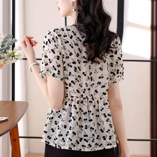 MZ1738洋气妈妈短袖漂亮碎花小衫女2025夏装收腰遮肚雪纺衫中年盘扣上衣 商品图1