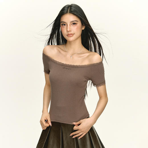 Ariseism 美式复古辣妹性感一字肩短袖T恤女夏季新款修身显瘦上衣 商品图2