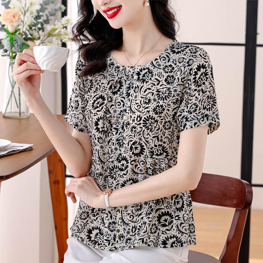 MZ1738洋气妈妈短袖漂亮碎花小衫女2025夏装收腰遮肚雪纺衫中年盘扣上衣 商品图3