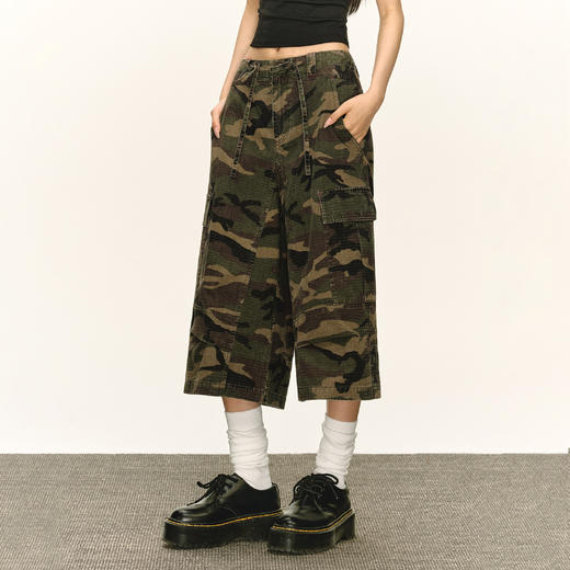 Ariseism 美式复古工装迷彩休闲阔腿七分裤女夏季新款宽松中裤子 商品图1