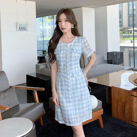 奢姿大码女装2025夏季减龄格纹蕾丝连衣裙胖妹妹小香风时尚裙子9952853379