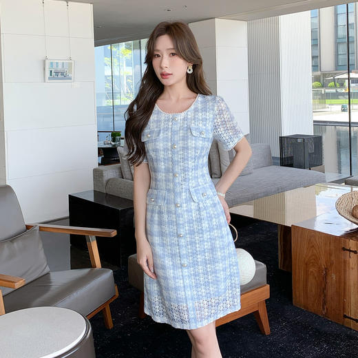 奢姿大码女装2025夏季减龄格纹蕾丝连衣裙胖妹妹小香风时尚裙子9952853379 商品图0